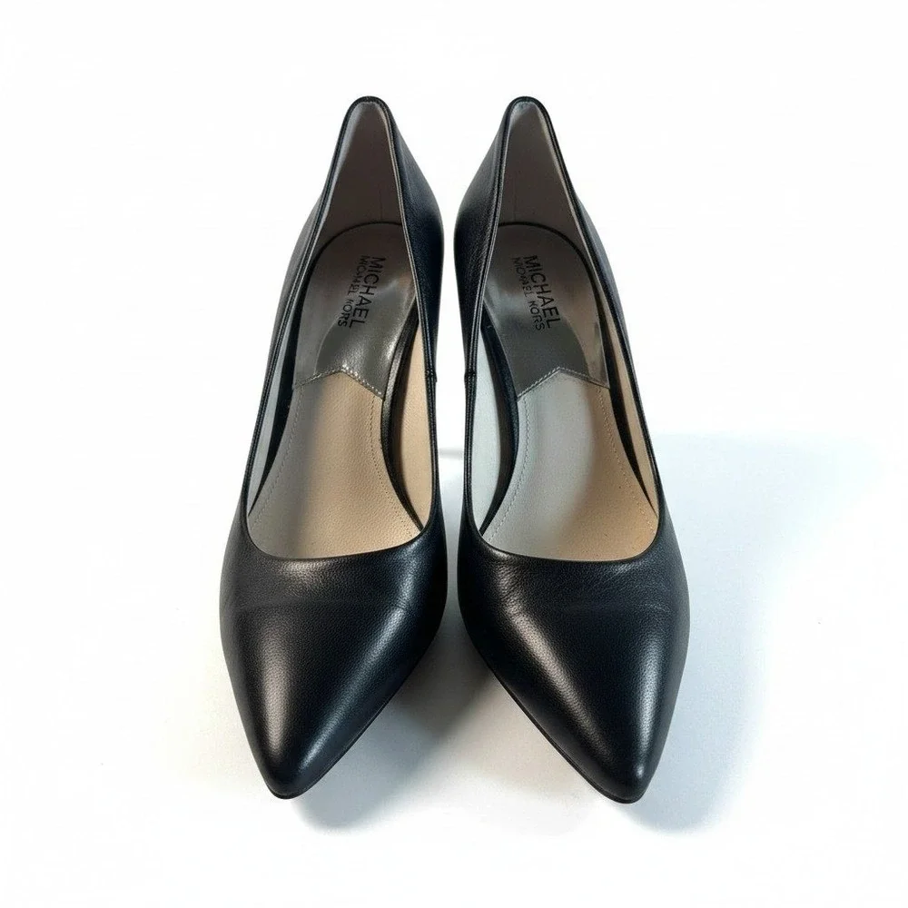 Michael Kors Black Leather Pointed Toe Pumps Silver Logo Heels AO13G Size 9M